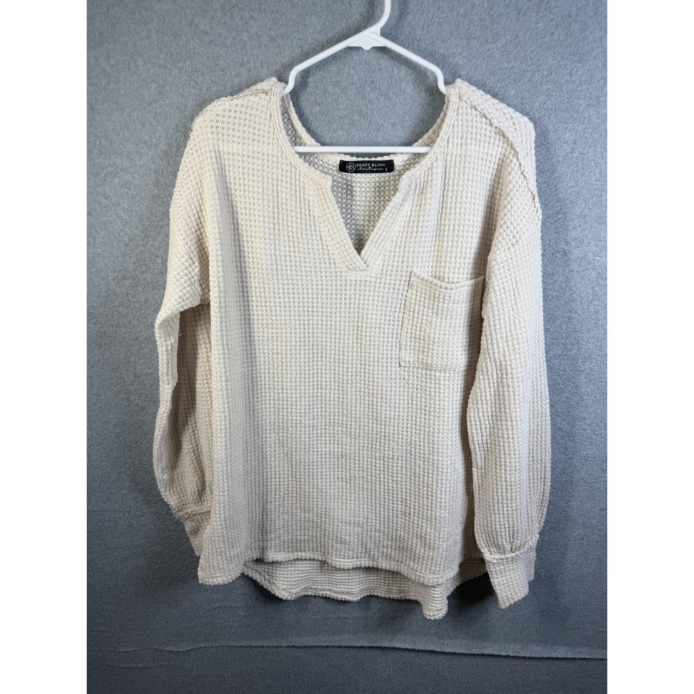 Krazy Bling Shirt Womens Large White Waffle Knit V Neck Tunic Top Long Sleeve